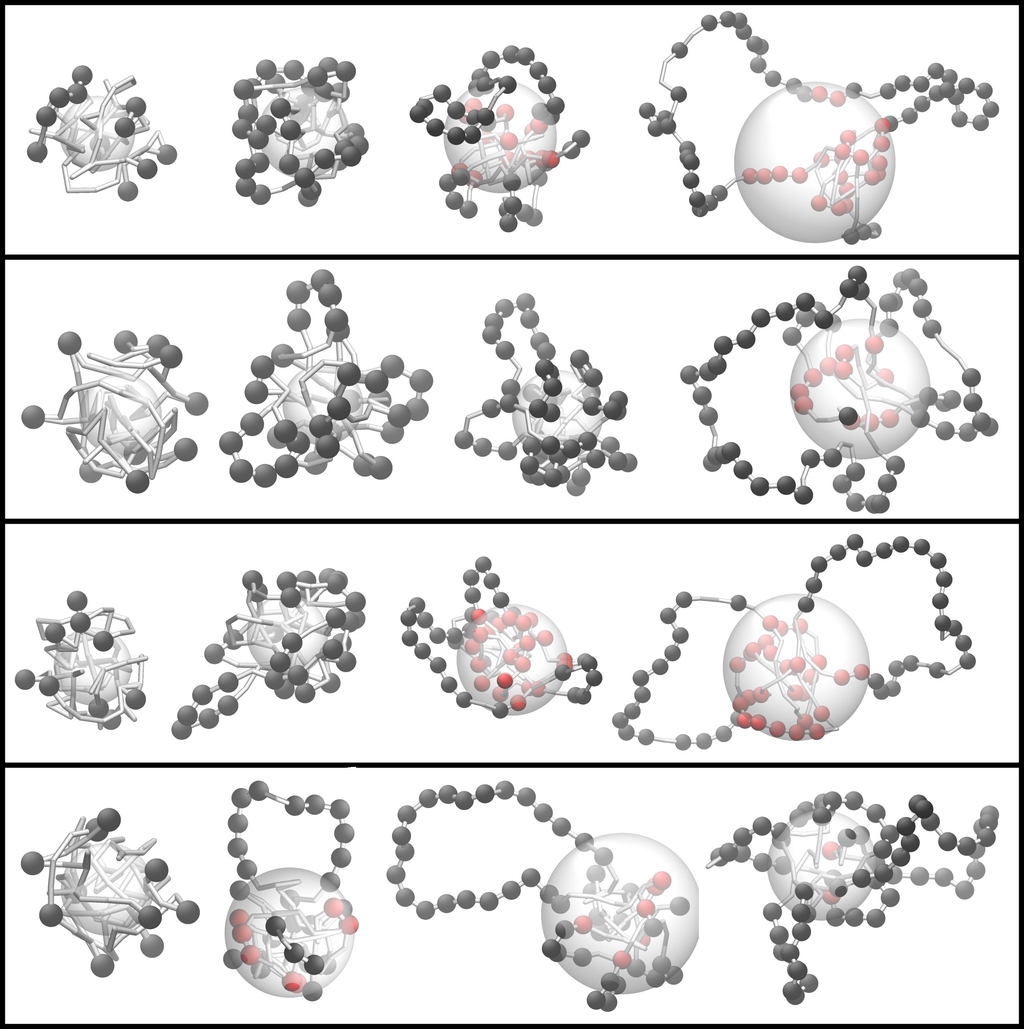 Visual representation of dendrimer and polymer structures with varying configurations and bonding.