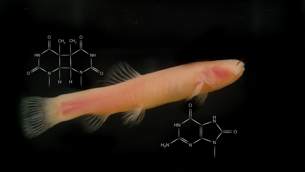 Blind cavefish with caffeine and adenine molecular structures on black background.